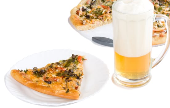 piece of pizza with forest mushrooms and beer, isolated on white