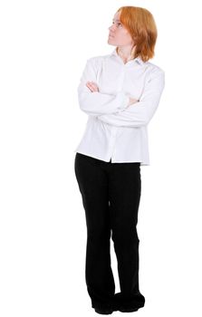 The girl standing on a white background