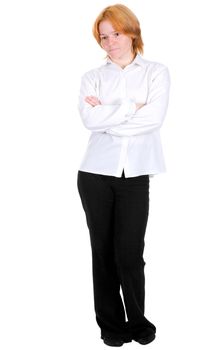 The girl standing on a white background