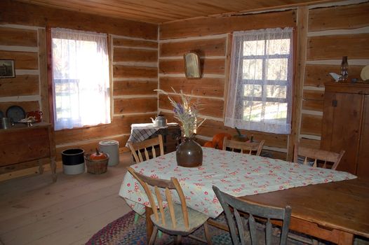 An antique kitchen in a traditional old farm