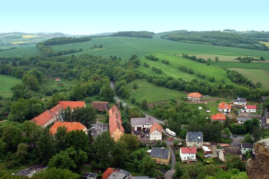 Poland, view from Bolkow castle. Bolkow town surrounded by hills, meadows and trees.
