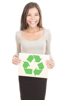 Recycling woman. Woman smiling showing the green recycle sign. Beautiful mixed chinese asian / caucasian businesswoman. Isolated on white background.
