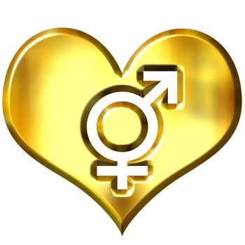 3d golden heart with combined gender signs isolated in white