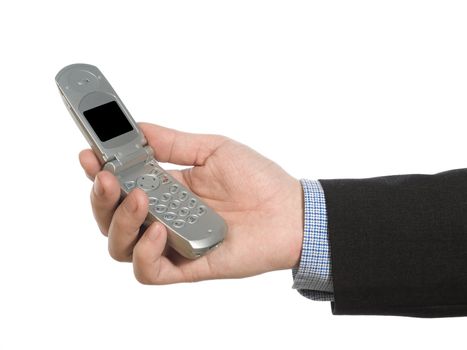 A man's hand holding a cell phone over white background.