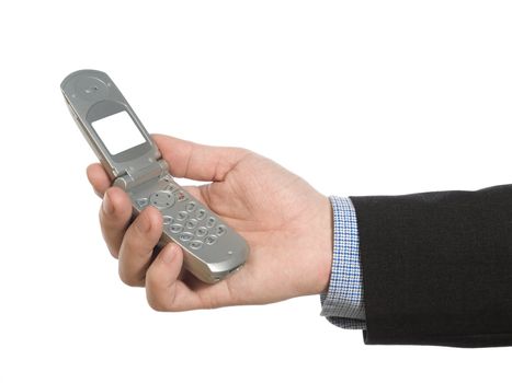 A man's hand holding a cell phone over white background.