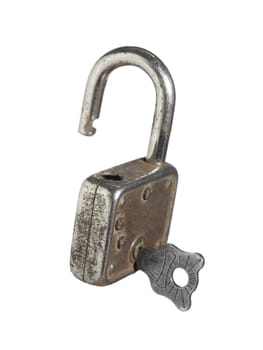 An open lock with a key isolated on white background.