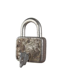 A closed lock with a key isolated on white background.