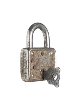 A closed lock with a key isolated on white background.