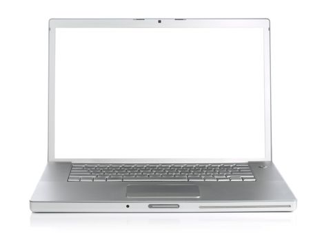 Wide screen silver laptop computer over a white background.