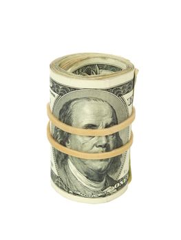 A roll of one hundred dollar bills wrapped with a rubber band.
