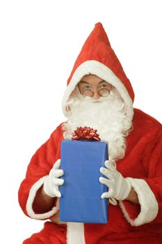 Male caucasian model of santa claus holding a blue giftbox - isolated on white background