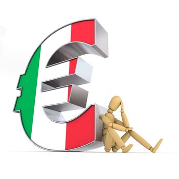 doll/lay figure sitting at/next to a metal Euro sign wondering - euro surface is textured with the italian flag