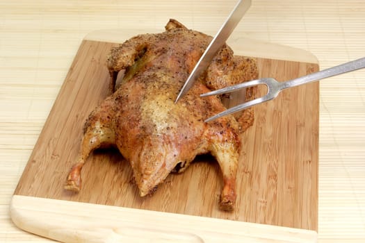 Fresh roasted duck on bright background