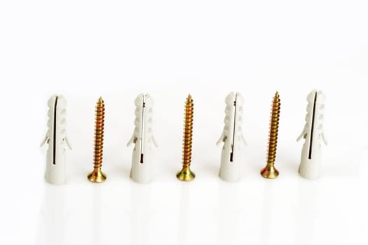 Screws and dowels in a row on bright background
