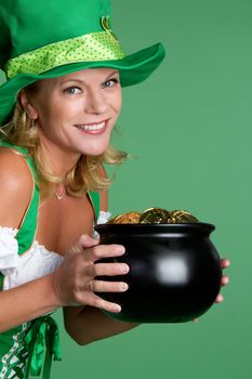 Irish woman holding pot of gold