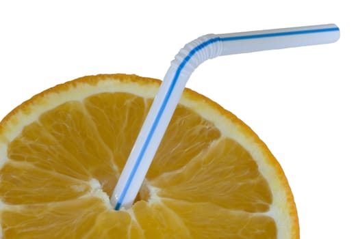 a ripe orange and drinking straw, isolated on white