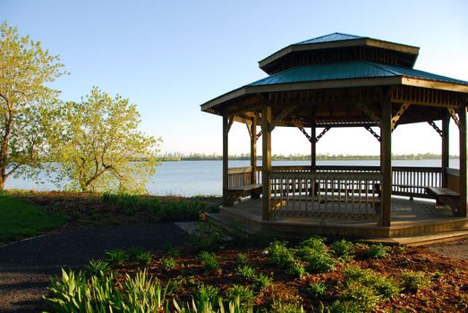 Picture of a gazebo with the Montreal skyline in the distance