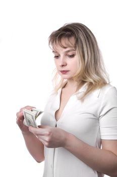 Portrait of beautiful business woman with dollar banknote isolated on the white background