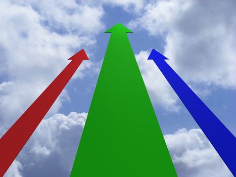 Illustration of three arrows pointing upwards over a cloudy sky background