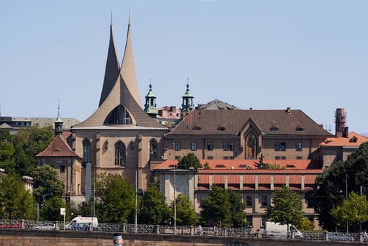 Benedictine monastery. Founded by Charles IV. in 1347. All that survives are the capitular hall, imperial chapel and cloisters with mural paintings the valuable works of the Bohemian High Gothic art. Damaged during an air-raid on 14 February 1945. During the renovation in 1957 - 1969 two modern concrete spires were erected in the place of former towers. Prague, Czech republic, Europe.