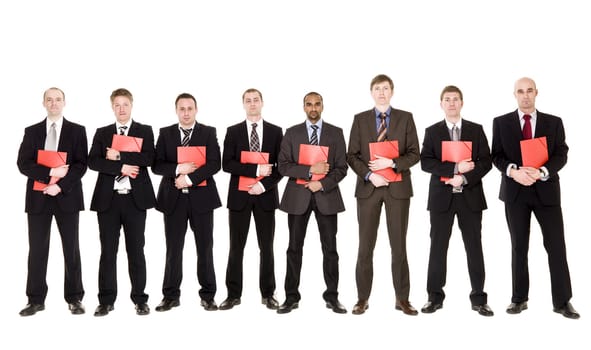 Group of men with documents isolated on white background