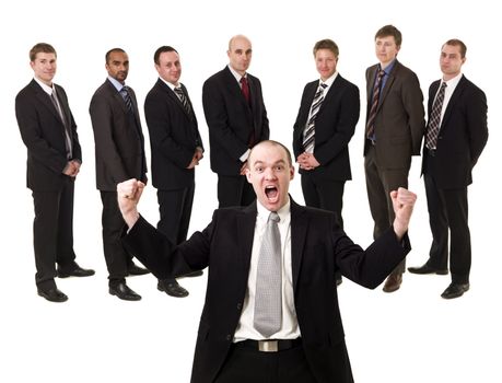 Happy man in front of his team isolated on white background