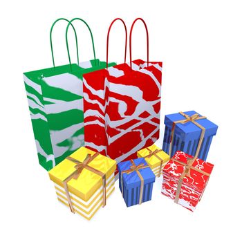 a 3d rendering of some colored shopping bags and gifts
