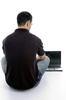 back pose of male with notebook on an isolated white background
