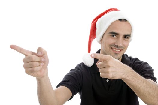 pointing man with christmas hat with white background