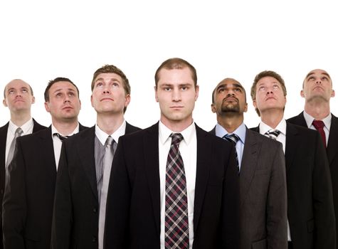 Sad manager in front of his team isolated on white background