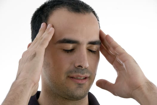 man in tension against white background