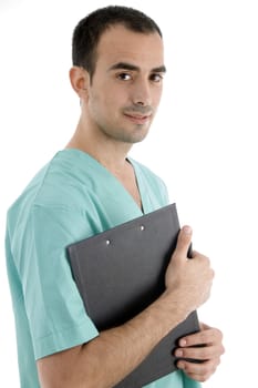 side pose of doctor with writing pad on an isolated white background