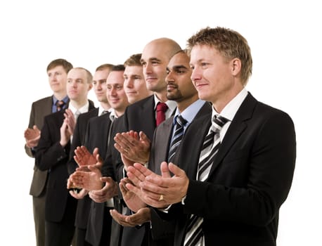 Business men in a row clapping their hands