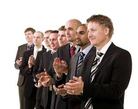 Business men in a row clapping their hands