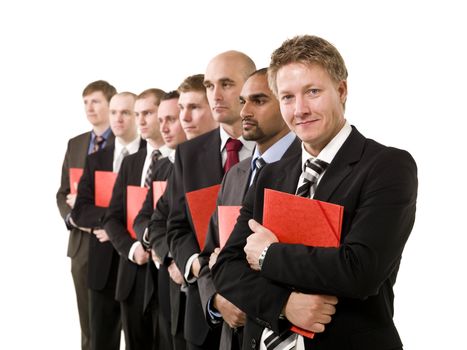 Group of business men in a row with red documents