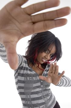 girl showing her hands against white background