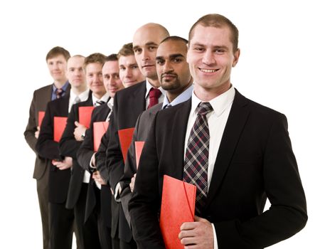 Business men in a row with red documents