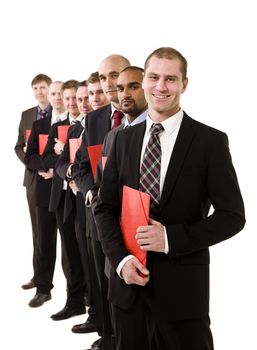 Business men with red documents in a row towards white background