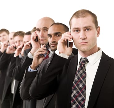 Group of business men on the phone isolated on white background