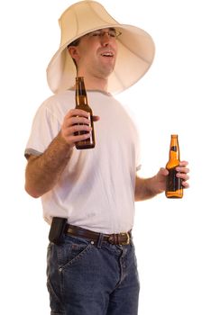 A drunk man wearing a lamp shade on his head