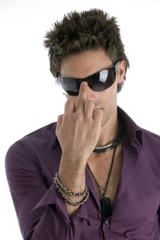 handsome model with sunglasses with white background