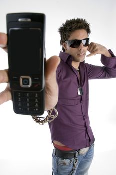 white man showing cell phone on an isolated background