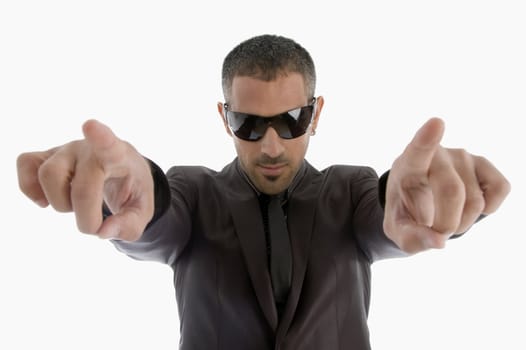 indicating businessman with sunglasses on an isolated white background