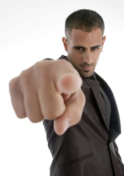pointing american businessman on an isolated white background
