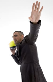 male with rugby ball against white background
