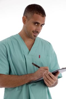 doctor writing on notepad with white background