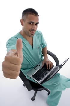 american doctor with notebook against white background