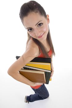 young girl with books with white background