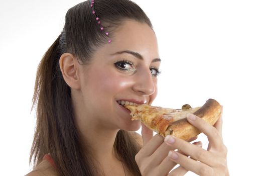 girl eating pizza with white background