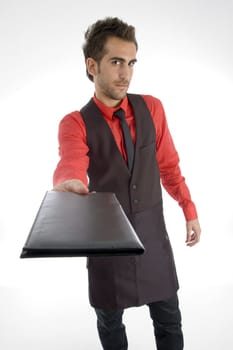 male showing folder on an isolated background